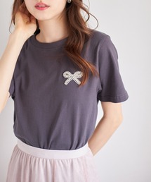 リボンビジュー付きTシャツ