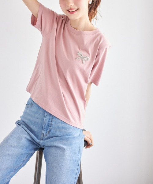 tocco closet(トッコ クローゼット)の「リボンビジュー付きTシャツ(Tシャツ/カットソー・レディース・ピンク/オフホワイト/チャコールグレー・M)」の8枚目の写真