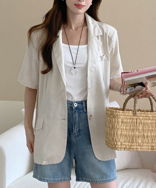 gossip!ロサンゼルス(ゴシップロサンゼルス)の「ルーズシルエット リネン混ハーフスリーブジャケット(テーラードジャケット・レディース・パープル/オフホワイト・FREE)」の4枚目の写真