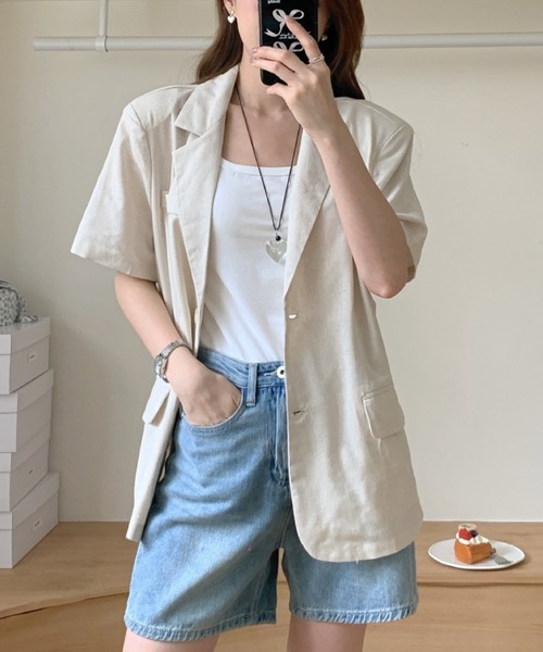 gossip!ロサンゼルス(ゴシップロサンゼルス)の「ルーズシルエット リネン混ハーフスリーブジャケット(テーラードジャケット・レディース・パープル/オフホワイト・FREE)」の5枚目の写真