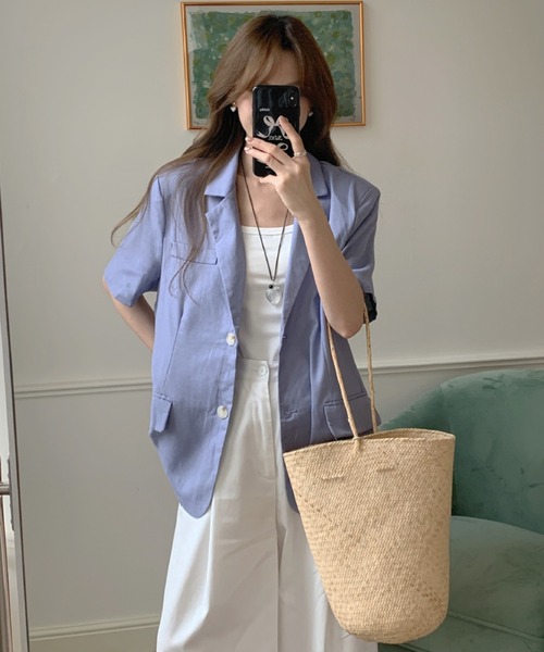 gossip!ロサンゼルス(ゴシップロサンゼルス)の「ルーズシルエット リネン混ハーフスリーブジャケット(テーラードジャケット・レディース・パープル/オフホワイト・FREE)」の7枚目の写真