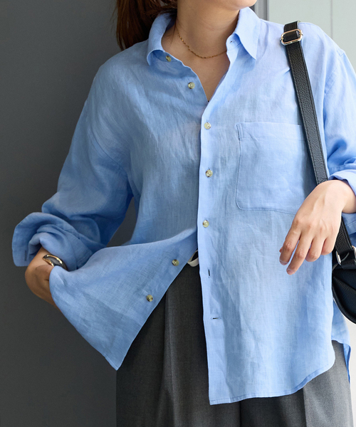 JOURNAL STANDARD（ジャーナルスタンダード）の「《追加3》リネンレギュラーカラーシャツ（シャツ/ブラウス・レディース・ピンク/ネイビー/ブルー・FREE）」の2枚目の写真