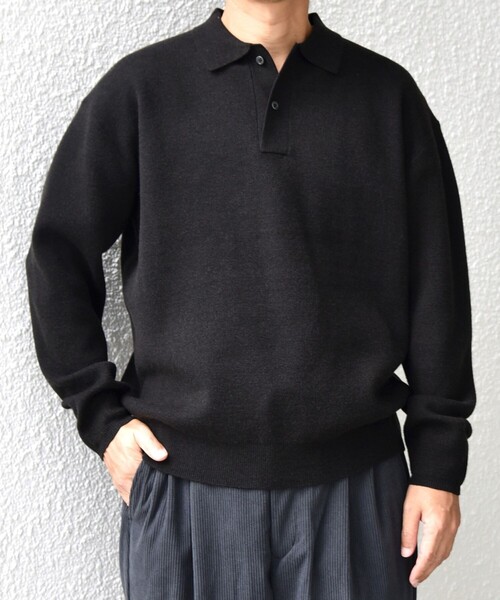 シーマリー カシミヤポロ襟フリンジ長袖ニット　黒40サイズ　新品未開封 シップス エニィ SHIPS any SHIPS any:〈手洗い可能〉ハイゲージ