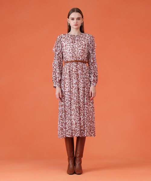 ANAYI レオパード柄 長袖　ワンピース セール】レオパードプリントフリルスリーブワンピース（ワンピース