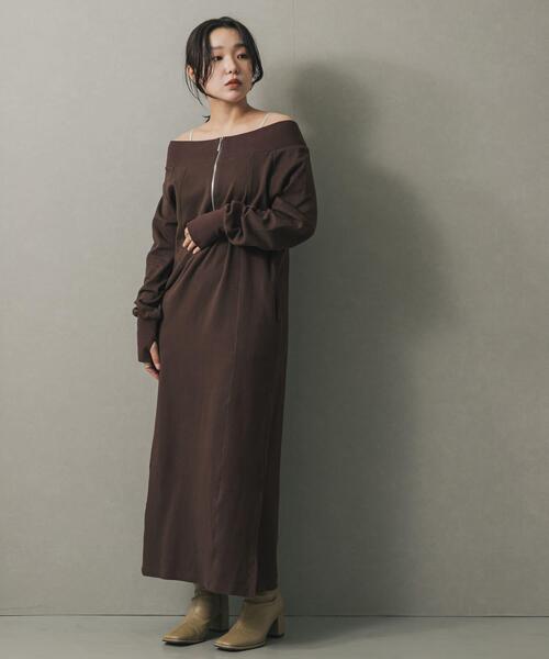 SENSE OF PLACE by URBAN RESEARCH（センスオブプレイスバイアーバンリサーチ）の「オフショルハーフジップワンピース（ワンピース・レディース・ブラック/ブラウン・S/ONE）」の12枚目の写真