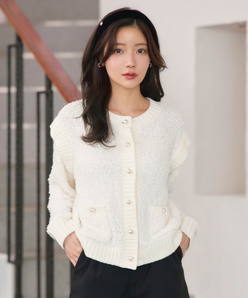 RUIRUE BOUTIQUE(ルイルエブティック)の「洗える ストレッチ | チュール リボン ヤーン カーデ | レディース ニットトップス オフィスカジュアル カーディガン トップス 長袖 セーター(カーディガン/ボレロ・レディース・ブラック/オフホワイト・L/M)」の2枚目の写真