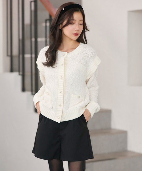 RUIRUE BOUTIQUE(ルイルエブティック)の「洗える ストレッチ | チュール リボン ヤーン カーデ | レディース ニットトップス オフィスカジュアル カーディガン トップス 長袖 セーター(カーディガン/ボレロ・レディース・ブラック/オフホワイト・L/M)」の7枚目の写真