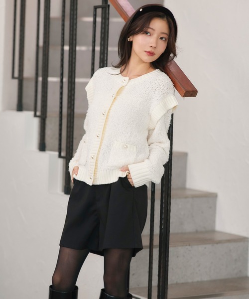 RUIRUE BOUTIQUE(ルイルエブティック)の「洗える ストレッチ | チュール リボン ヤーン カーデ | レディース ニットトップス オフィスカジュアル カーディガン トップス 長袖 セーター(カーディガン/ボレロ・レディース・ブラック/オフホワイト・L/M)」の8枚目の写真