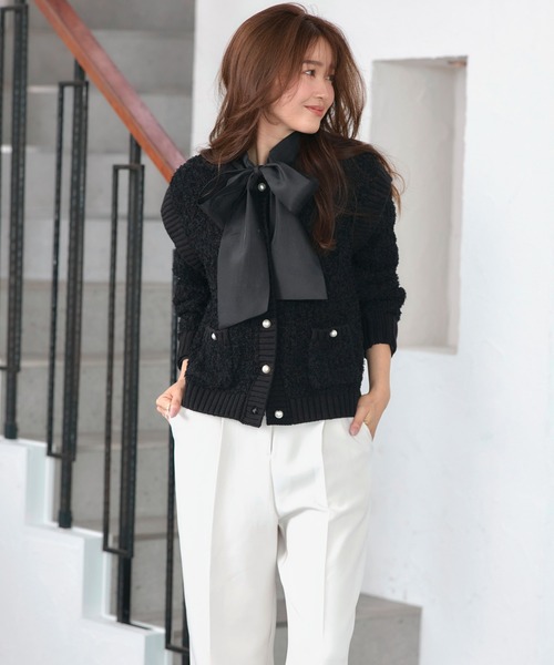 RUIRUE BOUTIQUE(ルイルエブティック)の「洗える ストレッチ | チュール リボン ヤーン カーデ | レディース ニットトップス オフィスカジュアル カーディガン トップス 長袖 セーター(カーディガン/ボレロ・レディース・ブラック/オフホワイト・L/M)」の12枚目の写真
