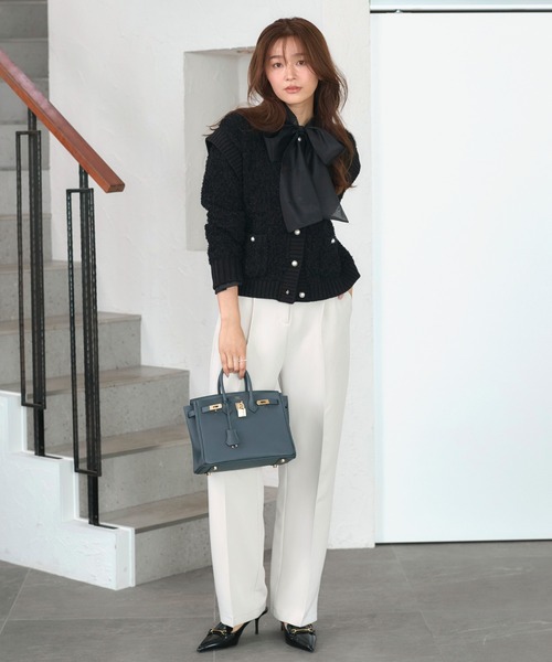 RUIRUE BOUTIQUE(ルイルエブティック)の「洗える ストレッチ | チュール リボン ヤーン カーデ | レディース ニットトップス オフィスカジュアル カーディガン トップス 長袖 セーター(カーディガン/ボレロ・レディース・ブラック/オフホワイト・L/M)」の13枚目の写真