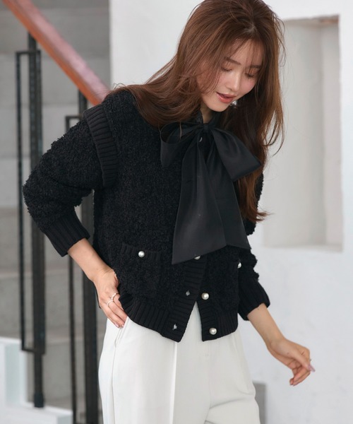 RUIRUE BOUTIQUE(ルイルエブティック)の「洗える ストレッチ | チュール リボン ヤーン カーデ | レディース ニットトップス オフィスカジュアル カーディガン トップス 長袖 セーター(カーディガン/ボレロ・レディース・ブラック/オフホワイト・L/M)」の14枚目の写真
