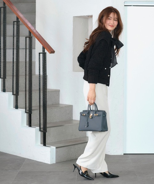 RUIRUE BOUTIQUE(ルイルエブティック)の「洗える ストレッチ | チュール リボン ヤーン カーデ | レディース ニットトップス オフィスカジュアル カーディガン トップス 長袖 セーター(カーディガン/ボレロ・レディース・ブラック/オフホワイト・L/M)」の15枚目の写真