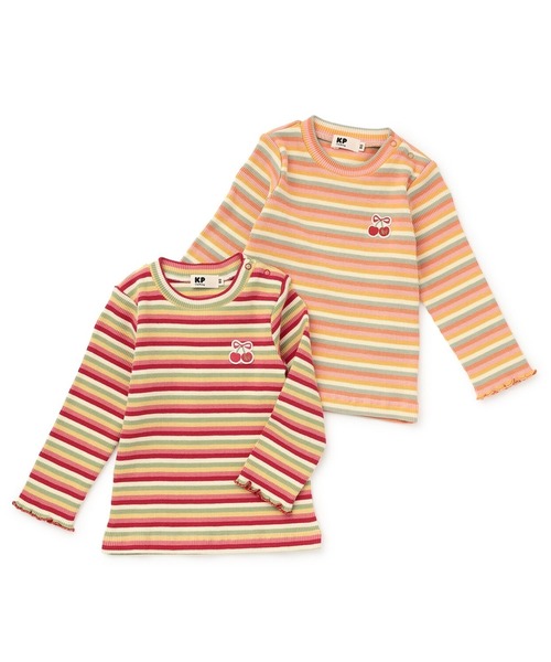 KP（ケーピー）の「マルチボーダー テレコ 長袖Tシャツ（Tシャツ/カットソー・キッズ・レッド/オレンジ・80ｃｍ/90cm/100cm/110cm/120cm/130cm）」の7枚目の写真