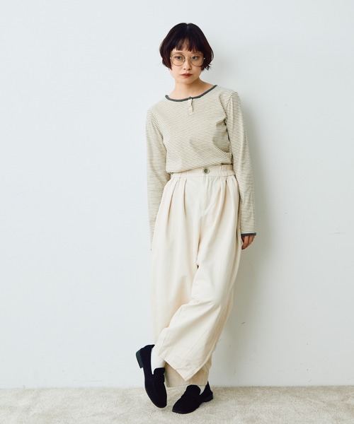 Crisp(クリスプ)の「ヘンリーボーダーTシャツ(Tシャツ/カットソー・レディース・ブラック/ベージュ・FREE)」の5枚目の写真