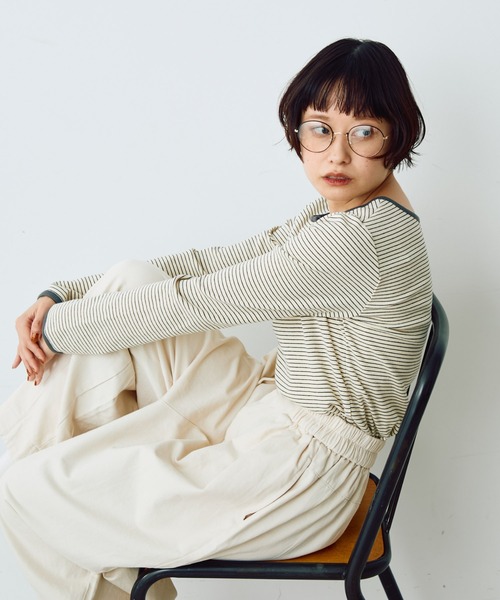 Crisp(クリスプ)の「ヘンリーボーダーTシャツ(Tシャツ/カットソー・レディース・ブラック/ベージュ・FREE)」の9枚目の写真