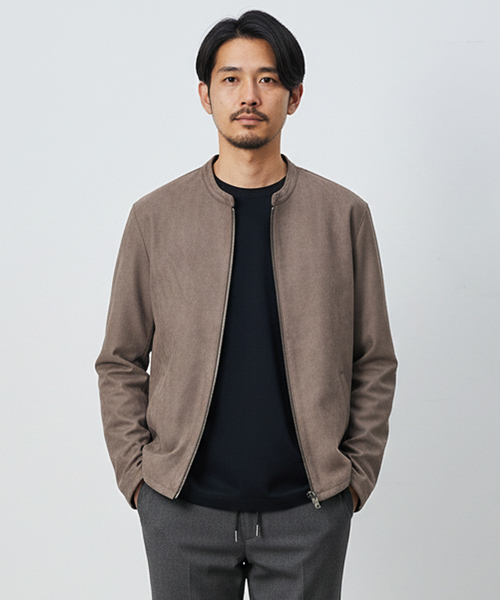 ABAHOUSE GRAY(アバハウスグレイ)の「【スエードライク】シングルライダース ブルゾン(ライダースジャケット・メンズ・ライトブラウン/グレイッシュベージュ/ブラック・46/48/50)」の2枚目の写真