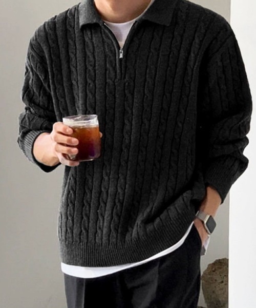 NOWLE(ノウル)の「【NOWLE】ケーブル編み ハーフジップ ポロカラー ニット(ニット/セーター・メンズ・グレー/ブラック・MEDIUM/LARGE/X-LARGE)」の7枚目の写真