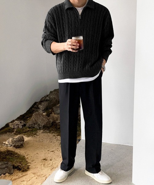 NOWLE(ノウル)の「【NOWLE】ケーブル編み ハーフジップ ポロカラー ニット(ニット/セーター・メンズ・グレー/ブラック・MEDIUM/LARGE/X-LARGE)」の8枚目の写真