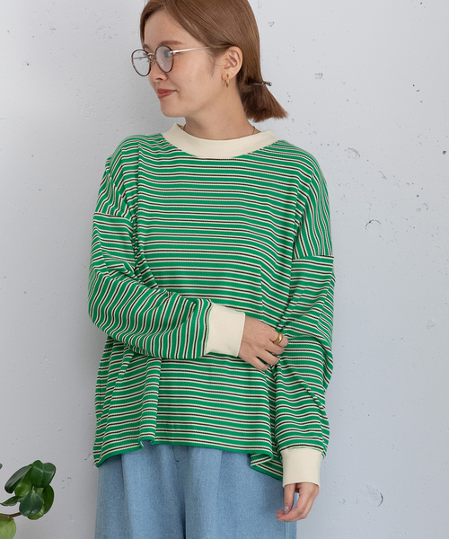 POU DOU DOU（プードゥドゥ）の「マルチカラーボーダーロンT（Tシャツ/カットソー・レディース・ピンク/グリーン/ネイビー・M）」の4枚目の写真