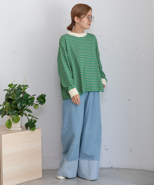 POU DOU DOU（プードゥドゥ）の「マルチカラーボーダーロンT（Tシャツ/カットソー・レディース・ピンク/グリーン/ネイビー・M）」の9枚目の写真