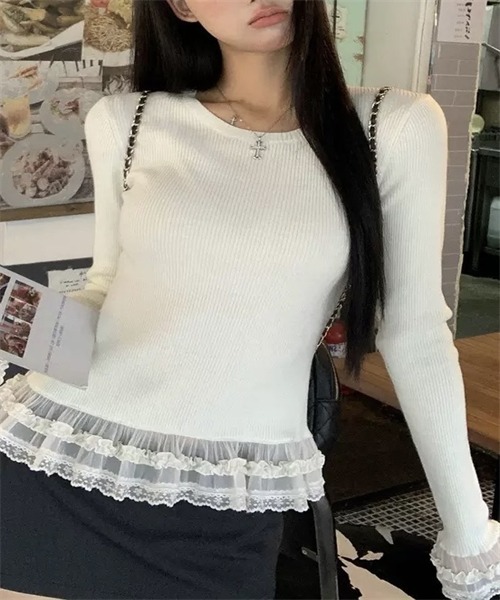 FREE STYLISTS(フリー スタイリスト)の「異素材ドッキングレースフリルニットトップス(Tシャツ/カットソー・レディース・グレー/ホワイト・M/L/XL/S)」の3枚目の写真
