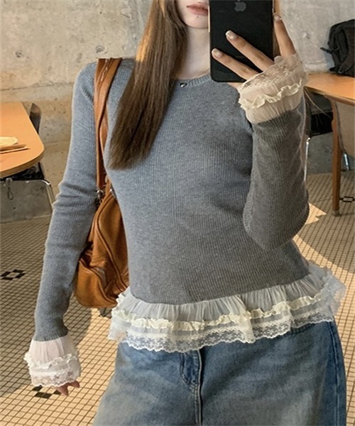 FREE STYLISTS(フリー スタイリスト)の「異素材ドッキングレースフリルニットトップス(Tシャツ/カットソー・レディース・グレー/ホワイト・M/L/XL/S)」の18枚目の写真