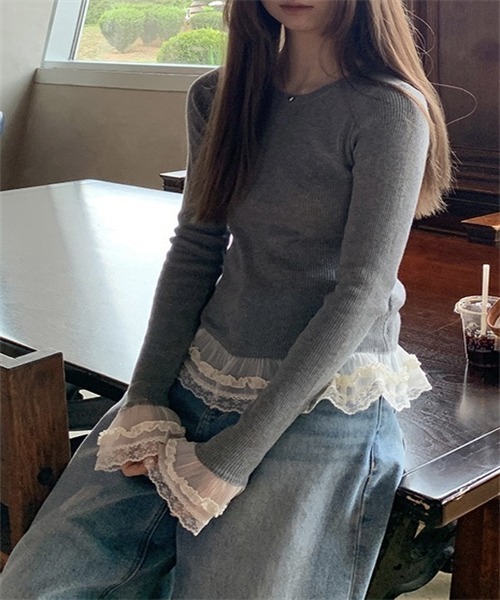 FREE STYLISTS(フリー スタイリスト)の「異素材ドッキングレースフリルニットトップス(Tシャツ/カットソー・レディース・グレー/ホワイト・M/L/XL/S)」の20枚目の写真