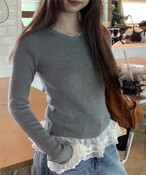 FREE STYLISTS(フリー スタイリスト)の「異素材ドッキングレースフリルニットトップス(Tシャツ/カットソー・レディース・グレー/ホワイト・M/L/XL/S)」の19枚目の写真