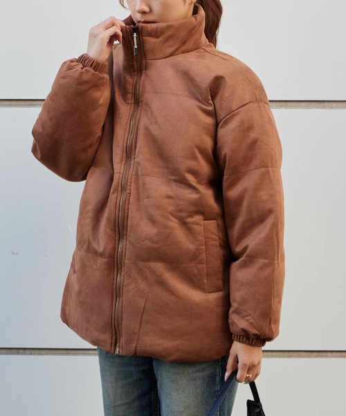 Spindle-Trimmed Faux Suede Basic Down Jacket / スピンドル付き