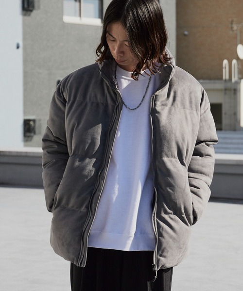 セール】Spindle-Trimmed Faux Suede Basic Down Jacket / スピンドル