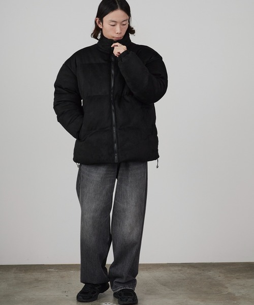 セール】Spindle-Trimmed Faux Suede Basic Down Jacket / スピンドル