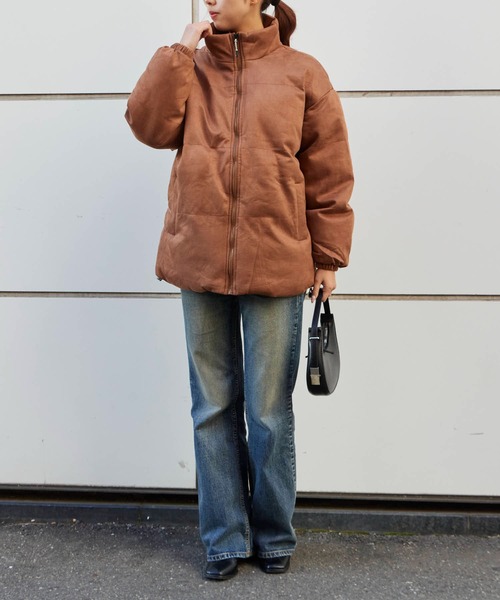 Spindle-Trimmed Faux Suede Basic Down Jacket / スピンドル付き