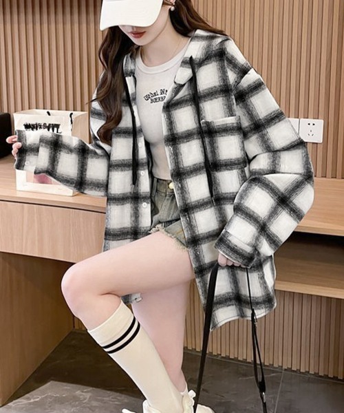 Miniministore(ミニミニストア)の「チェック柄フーデッドシャツレディース秋冬(シャツ/ブラウス・レディース・ネイビー/グリーン/ホワイト/ワインレッド・FREE)」の1枚目の写真