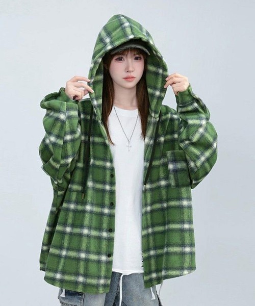 Miniministore(ミニミニストア)の「チェック柄フーデッドシャツレディース秋冬(シャツ/ブラウス・レディース・ネイビー/グリーン/ホワイト/ワインレッド・FREE)」の2枚目の写真