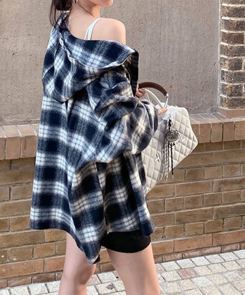 Miniministore(ミニミニストア)の「チェック柄フーデッドシャツレディース秋冬(シャツ/ブラウス・レディース・ネイビー/グリーン/ホワイト/ワインレッド・FREE)」の22枚目の写真