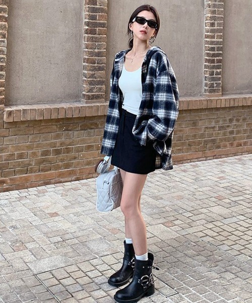 Miniministore(ミニミニストア)の「チェック柄フーデッドシャツレディース秋冬(シャツ/ブラウス・レディース・ネイビー/グリーン/ホワイト/ワインレッド・FREE)」の21枚目の写真