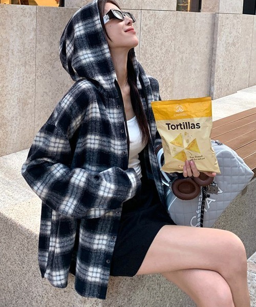 Miniministore(ミニミニストア)の「チェック柄フーデッドシャツレディース秋冬(シャツ/ブラウス・レディース・ネイビー/グリーン/ホワイト/ワインレッド・FREE)」の20枚目の写真