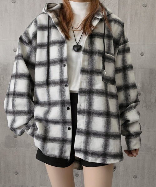Miniministore(ミニミニストア)の「チェック柄フーデッドシャツレディース秋冬(シャツ/ブラウス・レディース・ネイビー/グリーン/ホワイト/ワインレッド・FREE)」の16枚目の写真