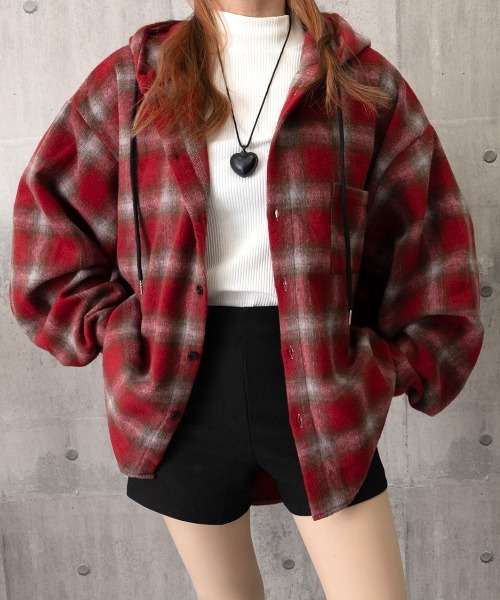 Miniministore(ミニミニストア)の「チェック柄フーデッドシャツレディース秋冬(シャツ/ブラウス・レディース・ネイビー/グリーン/ホワイト/ワインレッド・FREE)」の15枚目の写真