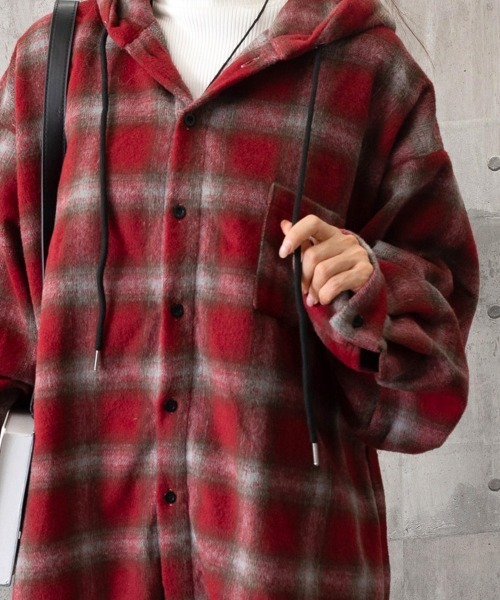 Miniministore(ミニミニストア)の「チェック柄フーデッドシャツレディース秋冬(シャツ/ブラウス・レディース・ネイビー/グリーン/ホワイト/ワインレッド・FREE)」の14枚目の写真