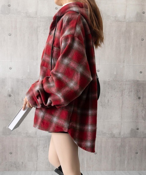 Miniministore(ミニミニストア)の「チェック柄フーデッドシャツレディース秋冬(シャツ/ブラウス・レディース・ネイビー/グリーン/ホワイト/ワインレッド・FREE)」の13枚目の写真