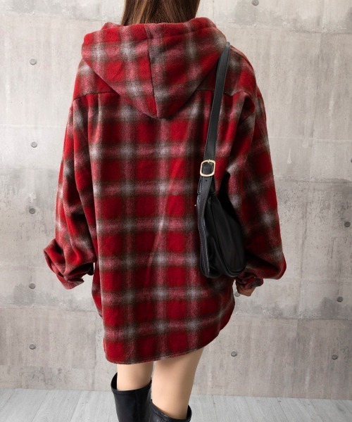 Miniministore(ミニミニストア)の「チェック柄フーデッドシャツレディース秋冬(シャツ/ブラウス・レディース・ネイビー/グリーン/ホワイト/ワインレッド・FREE)」の11枚目の写真