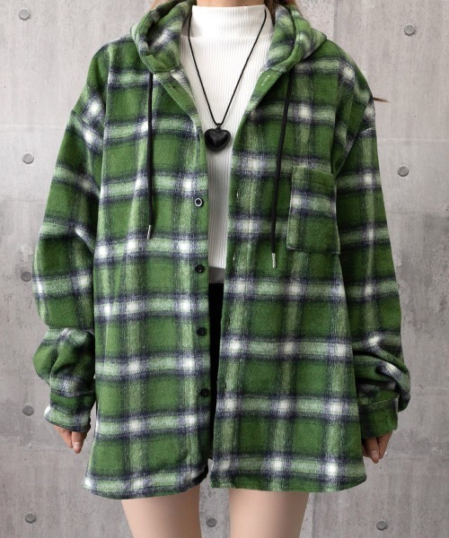 Miniministore(ミニミニストア)の「チェック柄フーデッドシャツレディース秋冬(シャツ/ブラウス・レディース・ネイビー/グリーン/ホワイト/ワインレッド・FREE)」の10枚目の写真