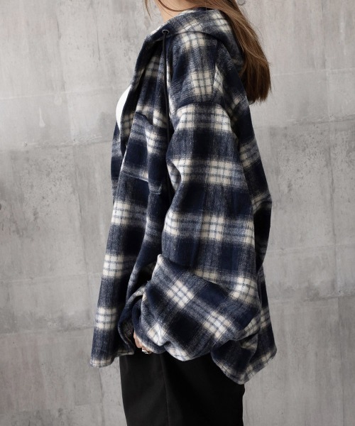 Miniministore(ミニミニストア)の「チェック柄フーデッドシャツレディース秋冬(シャツ/ブラウス・レディース・ネイビー/グリーン/ホワイト/ワインレッド・FREE)」の9枚目の写真