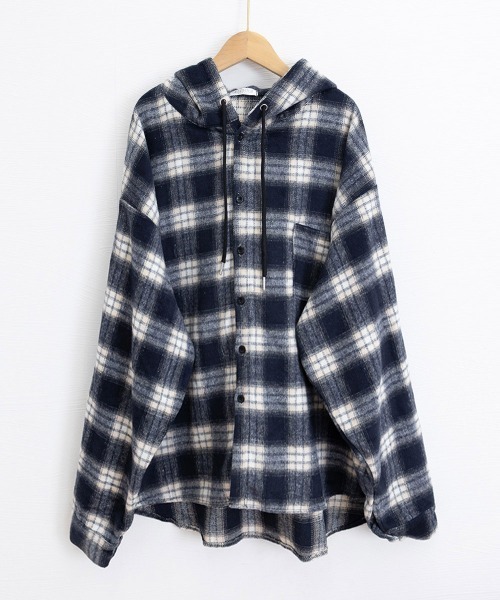 Miniministore(ミニミニストア)の「チェック柄フーデッドシャツレディース秋冬(シャツ/ブラウス・レディース・ネイビー/グリーン/ホワイト/ワインレッド・FREE)」の7枚目の写真