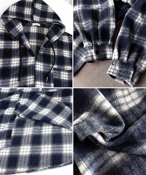 Miniministore(ミニミニストア)の「チェック柄フーデッドシャツレディース秋冬(シャツ/ブラウス・レディース・ネイビー/グリーン/ホワイト/ワインレッド・FREE)」の5枚目の写真
