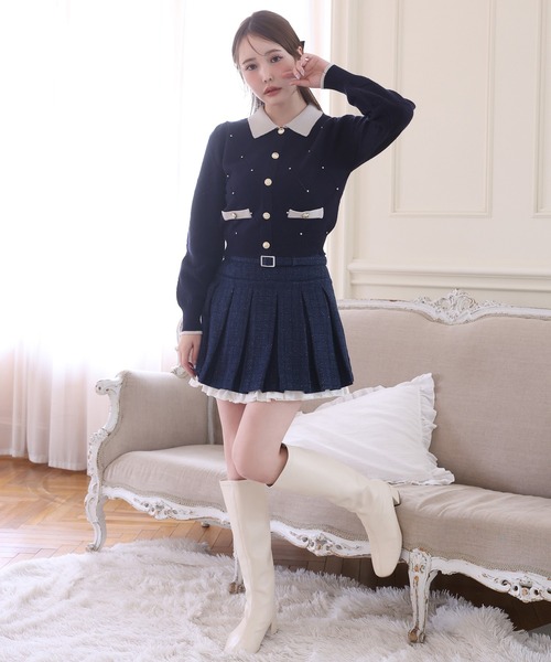 one after another NICE CLAUP（ワンアフターアナザーナイスクラップ）の「ビジュー付配色ポロニット（ニット/セーター・レディース・ピンク/ネイビー/ブラック/オフホワイト・FREE）」の5枚目の写真