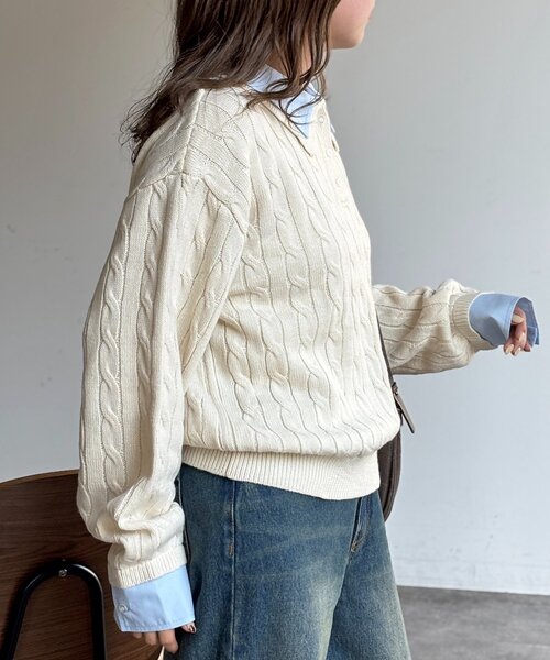 U.S. POLO ASSN.（ユーエスポロアッスン）の「フェイクレイヤードケーブルニットポロ（ニット/セーター・レディース・グレー/ネイビー/アイボリー・FREE）」の4枚目の写真