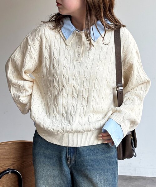 U.S. POLO ASSN.（ユーエスポロアッスン）の「フェイクレイヤードケーブルニットポロ（ニット/セーター・レディース・グレー/ネイビー/アイボリー・FREE）」の5枚目の写真