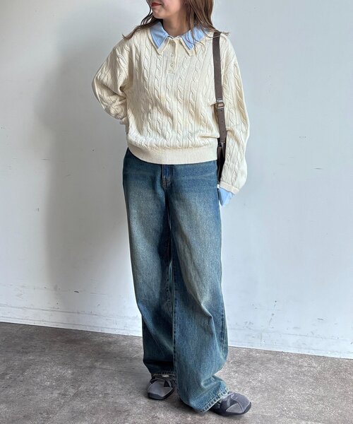 U.S. POLO ASSN.（ユーエスポロアッスン）の「フェイクレイヤードケーブルニットポロ（ニット/セーター・レディース・グレー/ネイビー/アイボリー・FREE）」の6枚目の写真